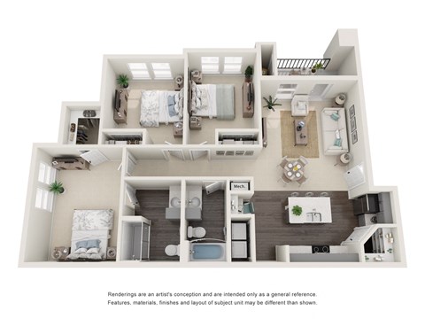 Floor plan for 3 beds, 2 baths, 1231 sqft